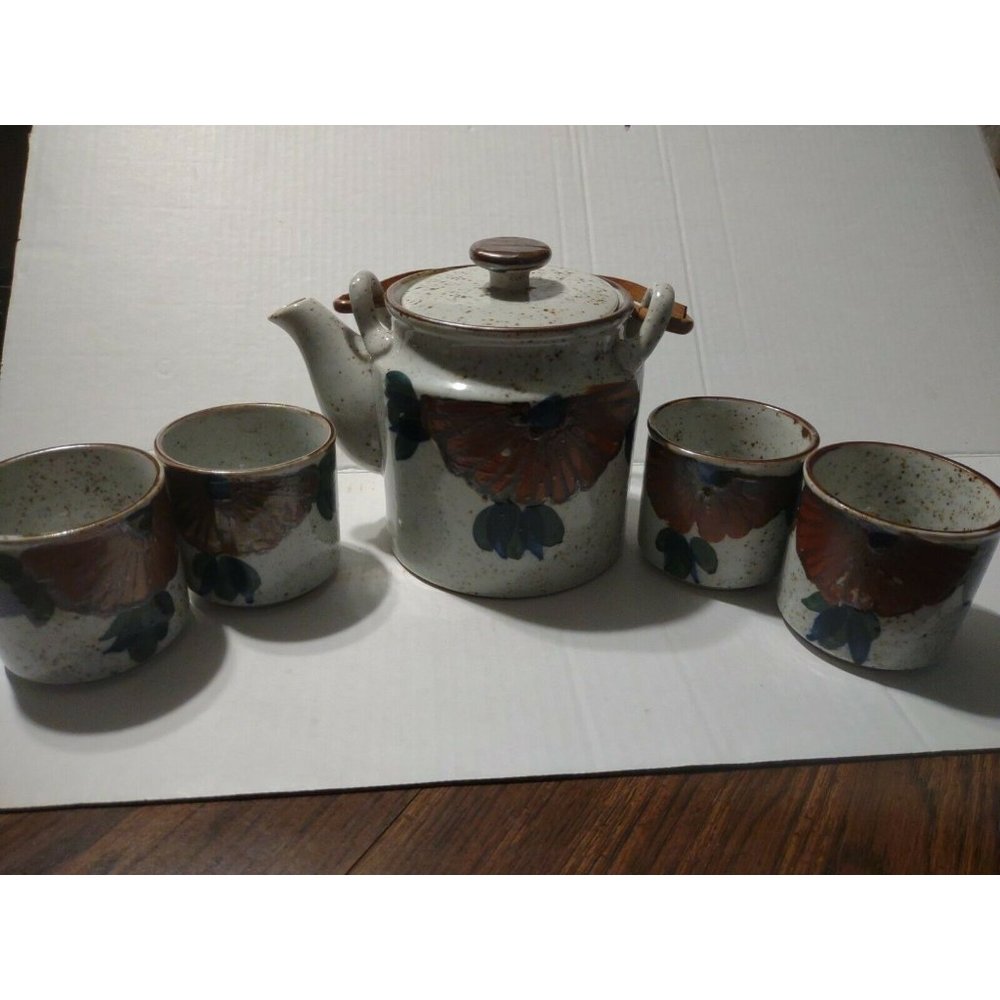 Vintage Stoneware OMC Japan Pottery Tea Set Teapot Rattan Handle & 4 Cups